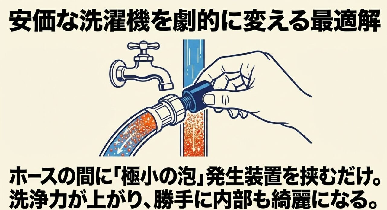 洗濯機の蛇口やホースの間に極小の泡を発生させるアダプターを挟み込み、洗浄力を高める仕組みを描いたイラスト