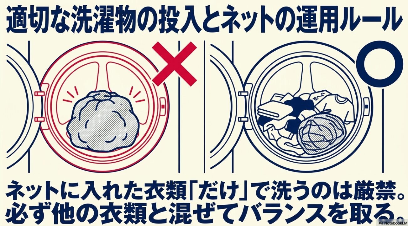 洗濯ネットに入れた衣類だけで洗うのを禁止し、必ず他の衣類と混ぜてバランスを取るルールを説明するテキストスライド