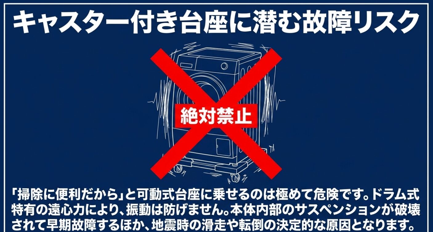 キャスター付き台座に潜む故障リスクの警告図。ドラム式洗濯機を可動式の台に乗せることを絶対禁止とし、特有の遠心力による振動で内部のサスペンションが破壊されて早期故障することや、地震時の滑走・転倒原因になることを示すイラスト