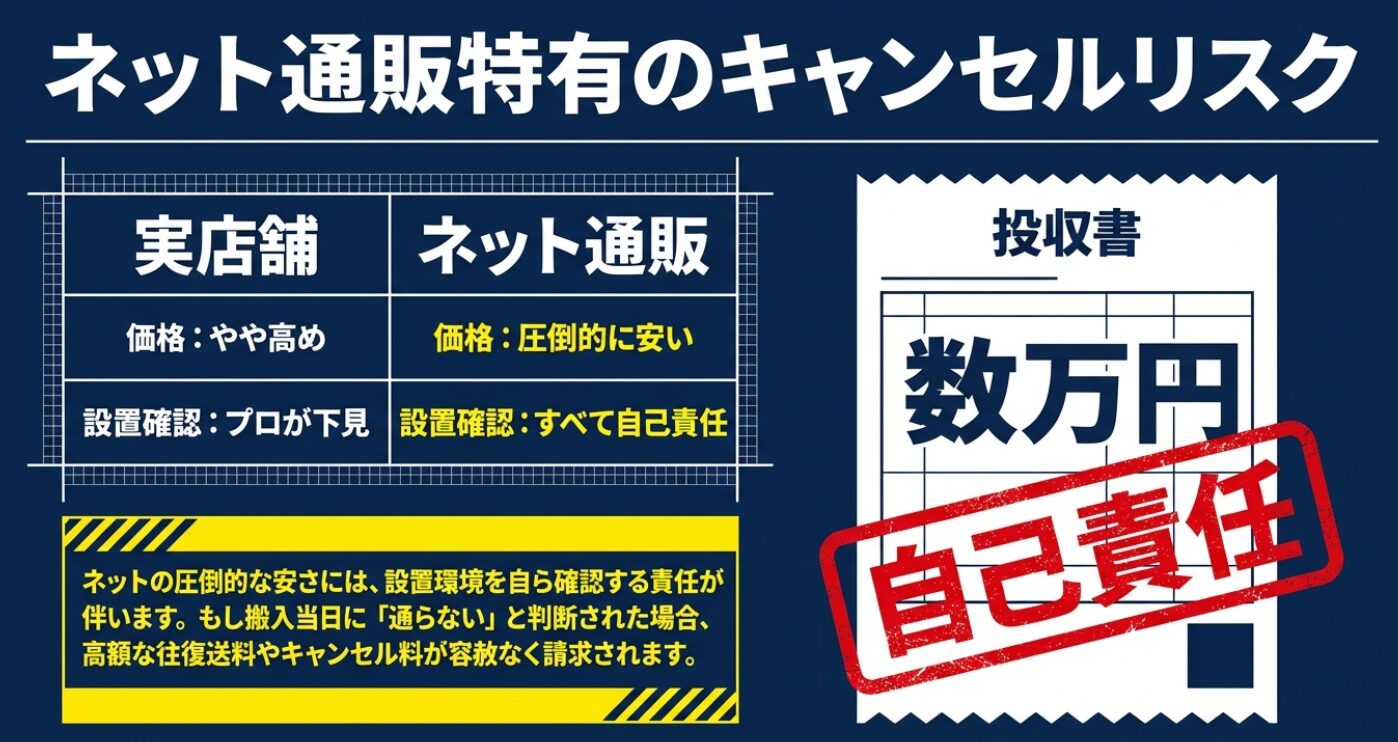 ネット通販特有のキャンセルリスクを説明する図。実店舗の価格やや高めでプロが下見する仕組みと、ネット通販の圧倒的に安くすべて自己責任となる仕組みを比較し、搬入不可時の往復送料や数万円のキャンセル料について警告する領収書のイラスト