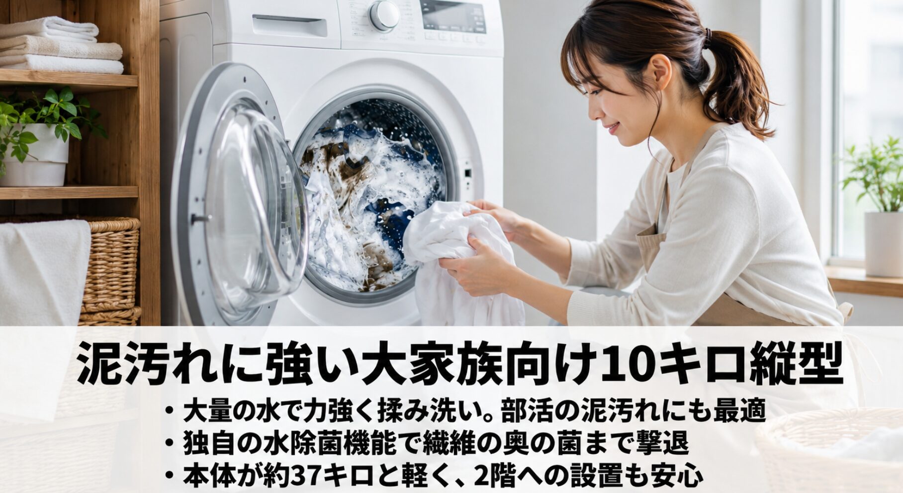 ニトリの10キロ縦型洗濯機の解説スライド。大量の水で揉み洗いする泥汚れへの強さ、独自の水除菌機能、本体が約37キロと軽く2階への設置も安心な点がまとめられています。