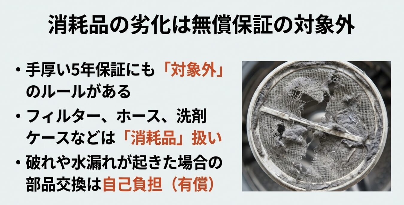 ホコリの溜まったフィルターの画像。ニトリの5年保証の対象外ルールとして、フィルター、ホース、洗剤ケースなどは消耗品扱いとなり、破れや水漏れの部品交換は自己負担（有償）になることを説明しています。