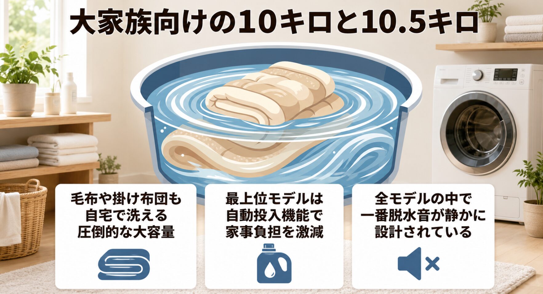 大家族向けのモデルを紹介するスライドです。毛布や掛け布団も自宅で洗える圧倒的な大容量であること、最上位モデルは自動投入機能で家事負担を激減させること、全モデルの中で一番脱水音が静かに設計されている特徴が説明されています。