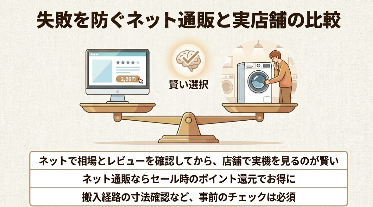 天秤の左側にパソコン画面、右側に洗濯機と悩む人のイラストが描かれたスライドです。ネットで相場とレビューを確認してから店舗で実機を見るのが賢い選択であること、ネット通販ならセール時のポイント還元でお得になること、搬入経路の寸法確認など事前のチェックは必須であることがまとめられています。