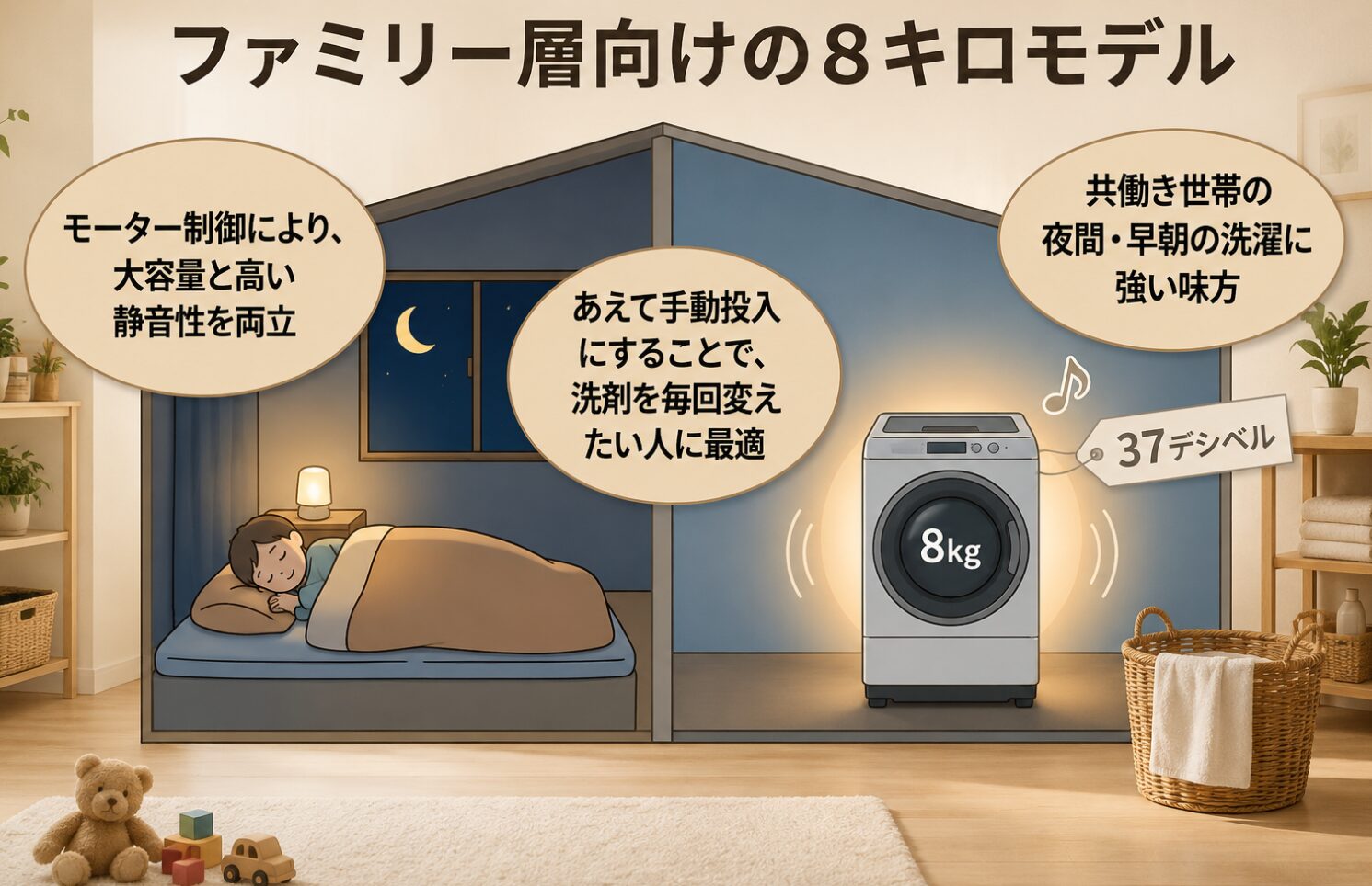 ファミリー層向けの8キロモデルを解説するスライドです。モーター制御により大容量と37デシベルの高い静音性を両立しており、共働き世帯の夜間や早朝の洗濯に強い味方である点、あえて手動投入にすることで洗剤を毎回変えたい人に最適である点が記載されています。