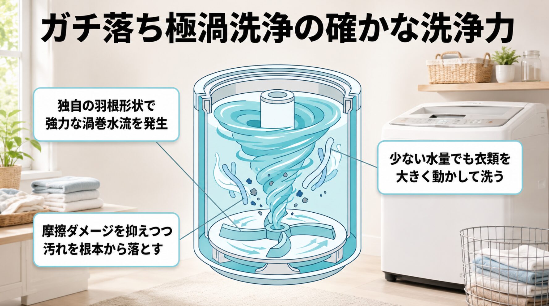 アイリスオーヤマOSHシリーズのガチ落ち極渦洗浄の仕組みを説明するスライドです。独自の羽根形状で強力な渦巻水流を発生させ、摩擦ダメージを抑えつつ汚れを根本から落とす特徴や、少ない水量でも衣類を大きく動かして洗うメリットが記載されています。