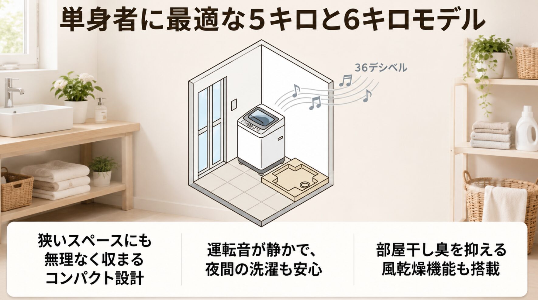 部屋の隅の洗濯機から静かな音を表現する音符が流れているイラストスライドです。狭いスペースにも無理なく収まるコンパクト設計であること、運転音が36デシベルと静かで夜間の洗濯も安心なこと、部屋干し臭を抑える風乾燥機能も搭載されている特徴がまとめられています。