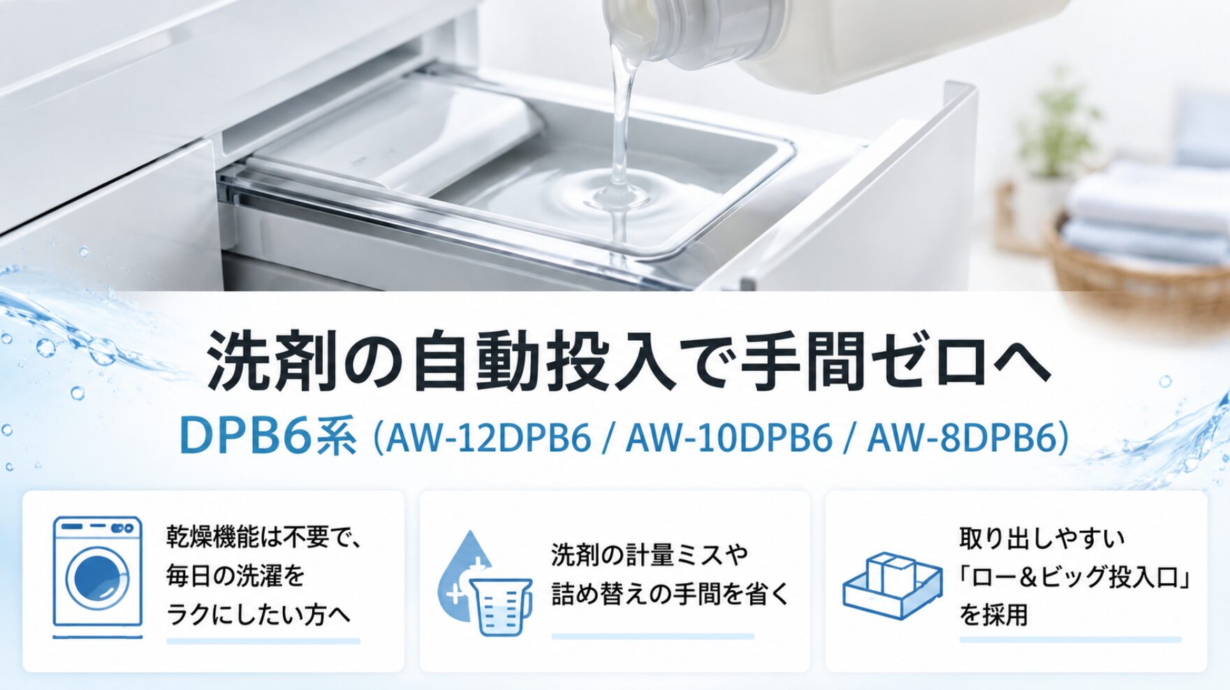 自動投入口に液体洗剤を注いでいる画像とともに、AW-12DPB6、AW-10DPB6、AW-8DPB6の型番が並び、乾燥機能は不要で毎日の洗濯をラクにしたい方へ向けて洗剤の計量ミスや詰め替えの手間を省き、取り出しやすい「ロー＆ビッグ投入口」を採用している特徴が記載されたスライド画像
