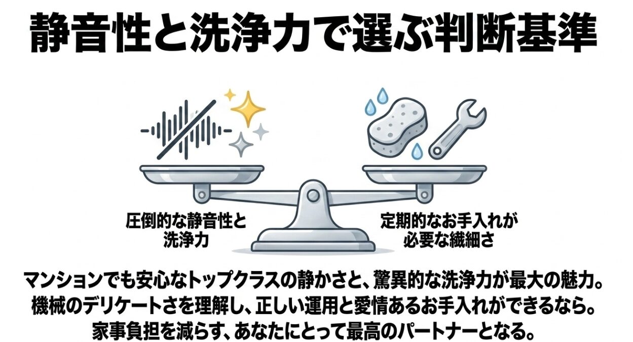 大きな天秤のイラストです。左側の皿には音波と星のマークが載っており「圧倒的な静音性と洗浄力」という文字があります。右側の皿には水滴、スポンジ、スパナのマークが載っており「定期的なお手入れが必要な繊細さ」という文字があります。下部には、マンションでも安心なトップクラスの静かさと驚異的な洗浄力が最大の魅力であること、機械のデリケートさを理解し正しい運用と愛情あるお手入れができるなら家事負担を減らす最高のパートナーとなることがまとめられています。