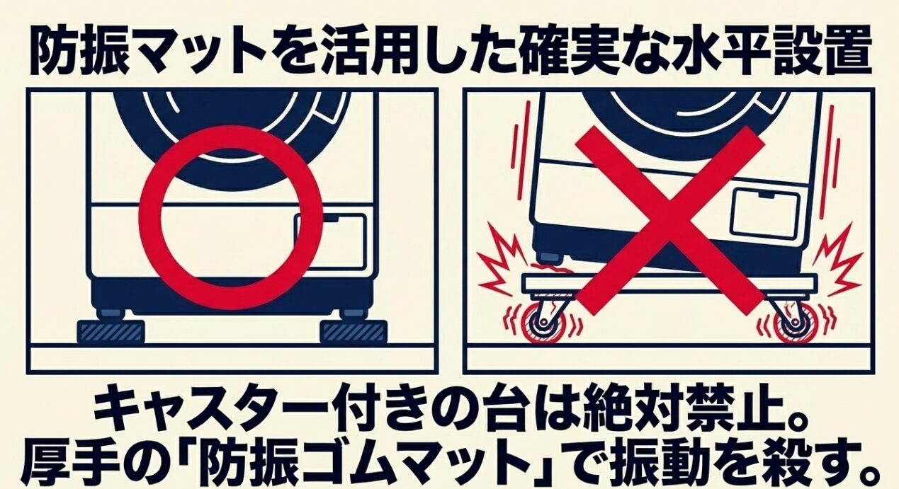 キャスター付きの台への設置を禁止するバツ印と、厚手の防振ゴムマットを敷いて水平に設置する正しい状態を示すイラスト