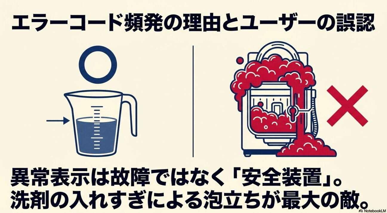 計量カップでの適切な洗剤量と、洗剤の入れすぎにより洗濯機から泡が溢れて安全装置が作動する様子を描いたイラスト