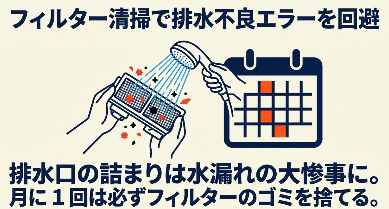 フィルターを水洗いする様子と、月に1回は必ずゴミを捨てるスケジュールを表現したカレンダーのイラスト