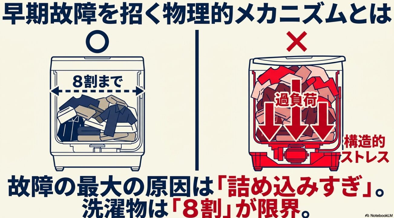 洗濯槽の8割までを入れる適量と、満杯に詰め込んで構造的ストレスがかかる過負荷の状態を比較したイラスト