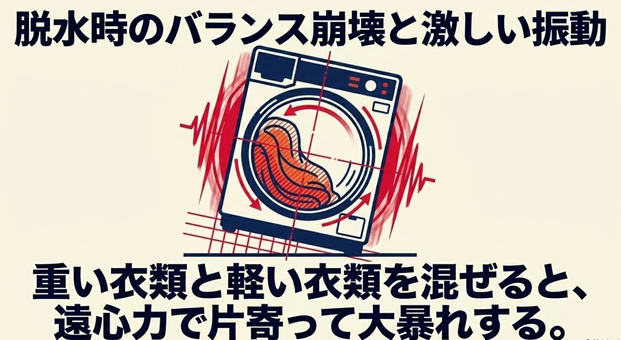 重い衣類と軽い衣類を混ぜたことで遠心力のバランスが崩れ、脱水時に洗濯機が激しく揺れる仕組みのイラスト