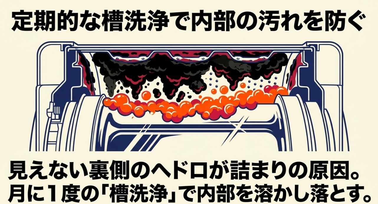 洗濯槽の裏側に蓄積した見えない黒カビや柔軟剤のヘドロ汚れを、月に1度の槽洗浄で溶かし落とすイメージの断面図