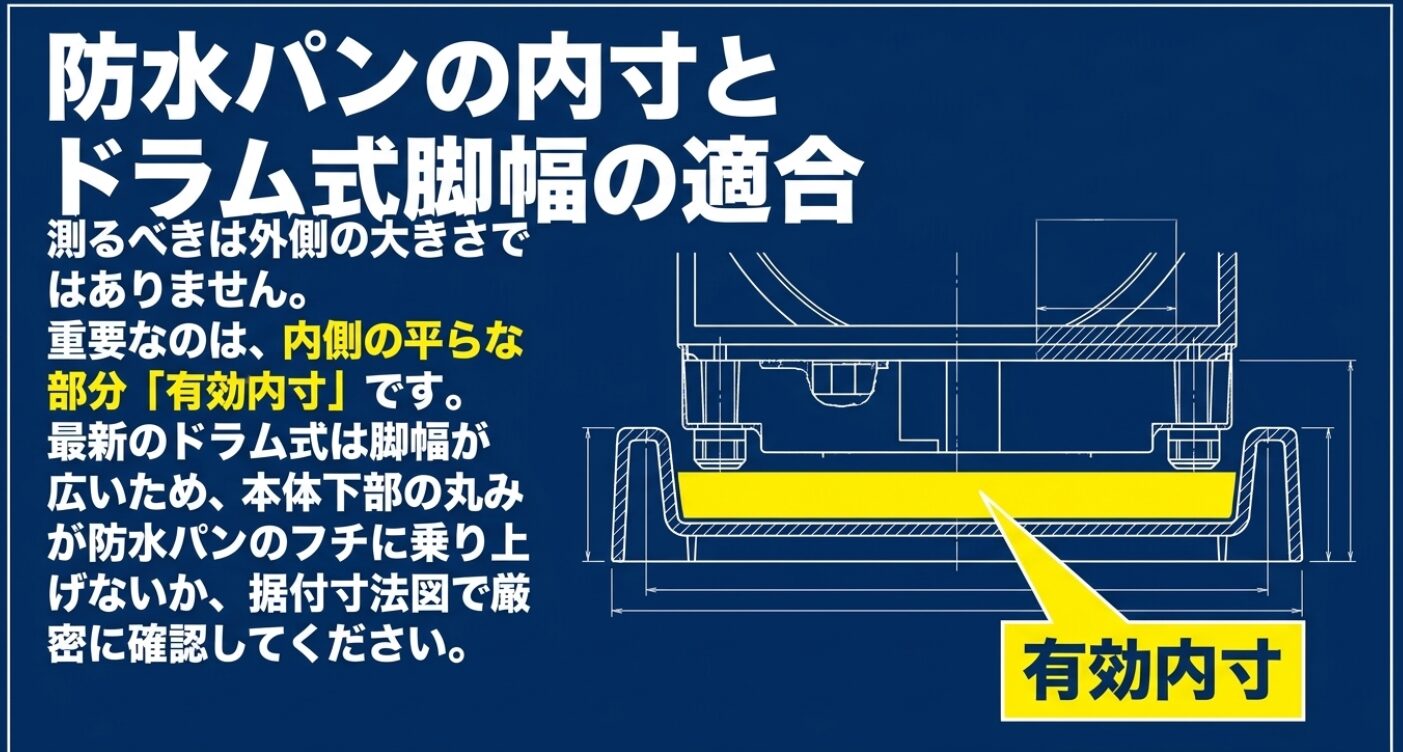 防水パンの内寸とドラム式脚幅の適合図面。測るべきは外側の大きさではなく内側の平らな部分である有効内寸であり、最新のドラム式は脚幅が広いため本体下部の丸みがフチに乗り上げないか注意を促す図