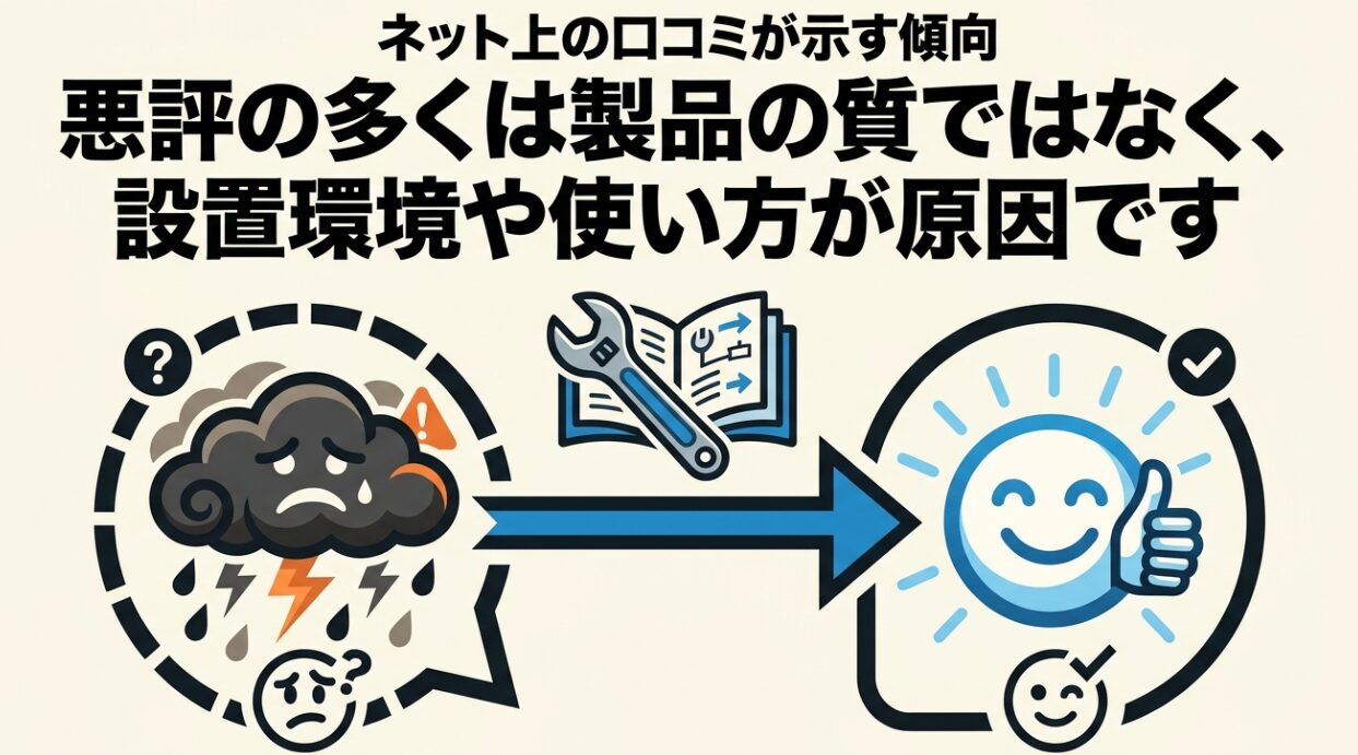 ハイアールとハイセンスの洗濯機に関するネット上の悪評は、製品自体の質ではなく設置環境や使い方が原因であることを説明するスライド画像です。