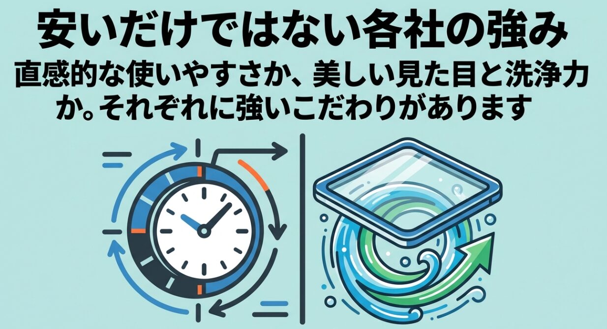 ハイアールとハイセンスの強みを比較し、直感的な使いやすさや美しい見た目、優れた洗浄力など、各メーカーのこだわりを解説するスライド画像です。