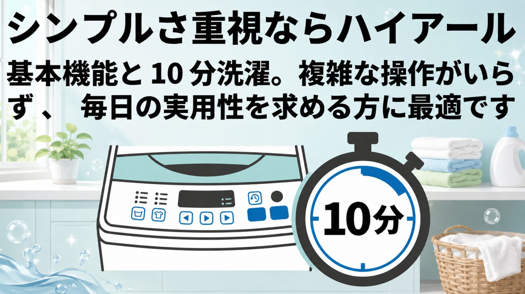 ハイアールの洗濯機は基本機能に優れており、10分洗濯など複雑な操作が不要で実用性を求める方に最適であることを紹介するスライド画像です。
