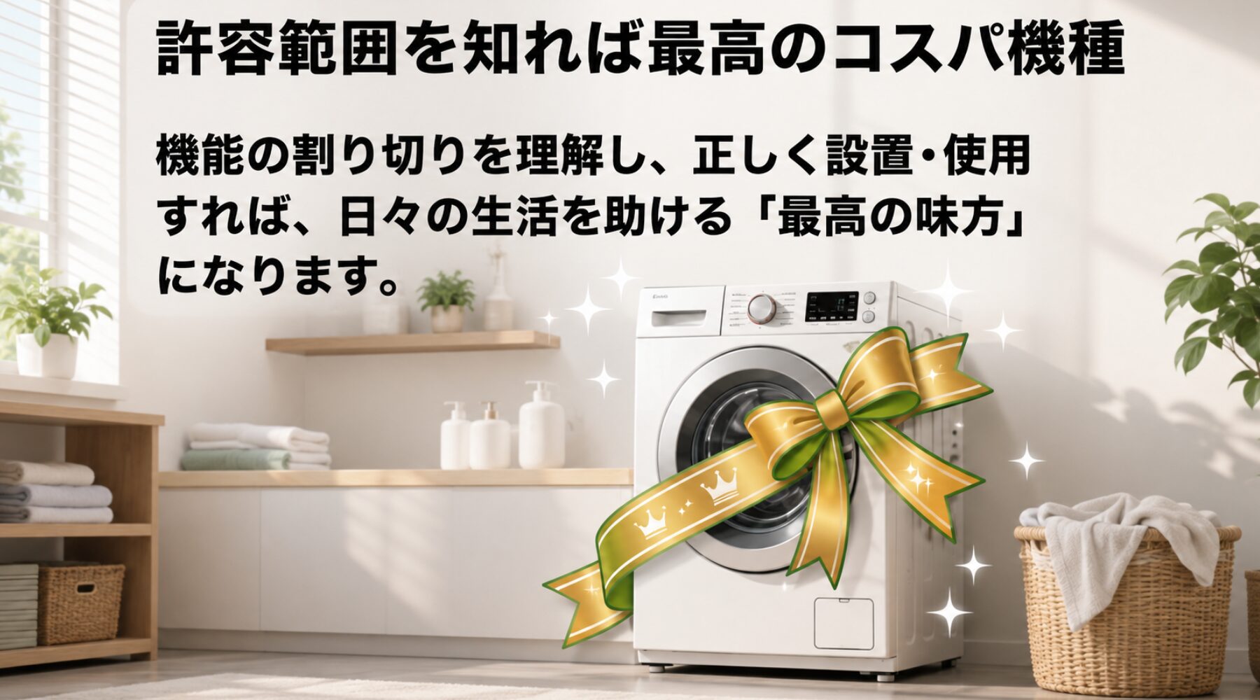大きなリボンでラッピングされた洗濯機のイラストが描かれており、正しく使用すれば最高の味方になることを伝えるスライド画像