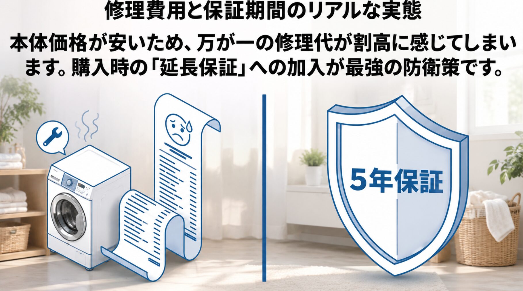 5年保証と書かれた盾のイラストが描かれており、万が一の修理代に備えて延長保証への加入を勧めるスライド画像