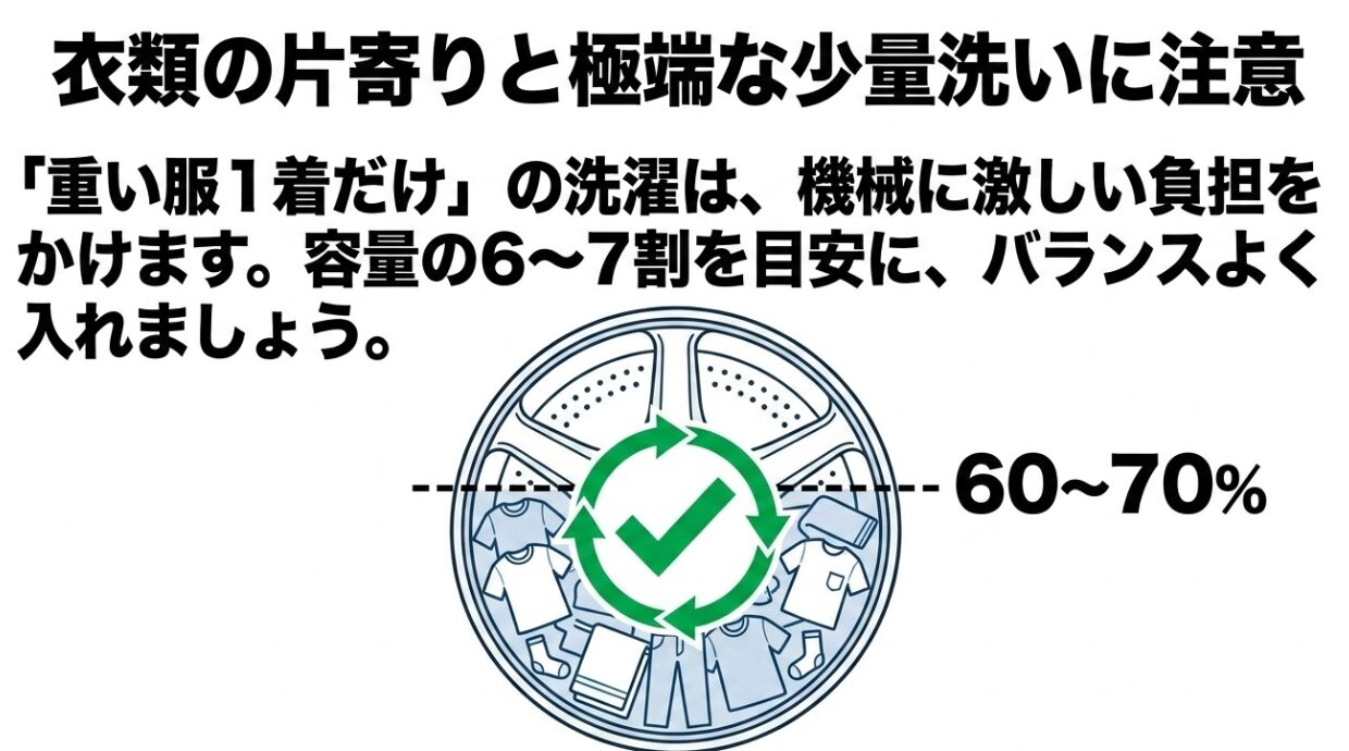 洗濯槽の中にバランスよく衣類が入って60から70パーセントの目安ラインが示されているイラストであり、適切な容量を説明するスライド画像