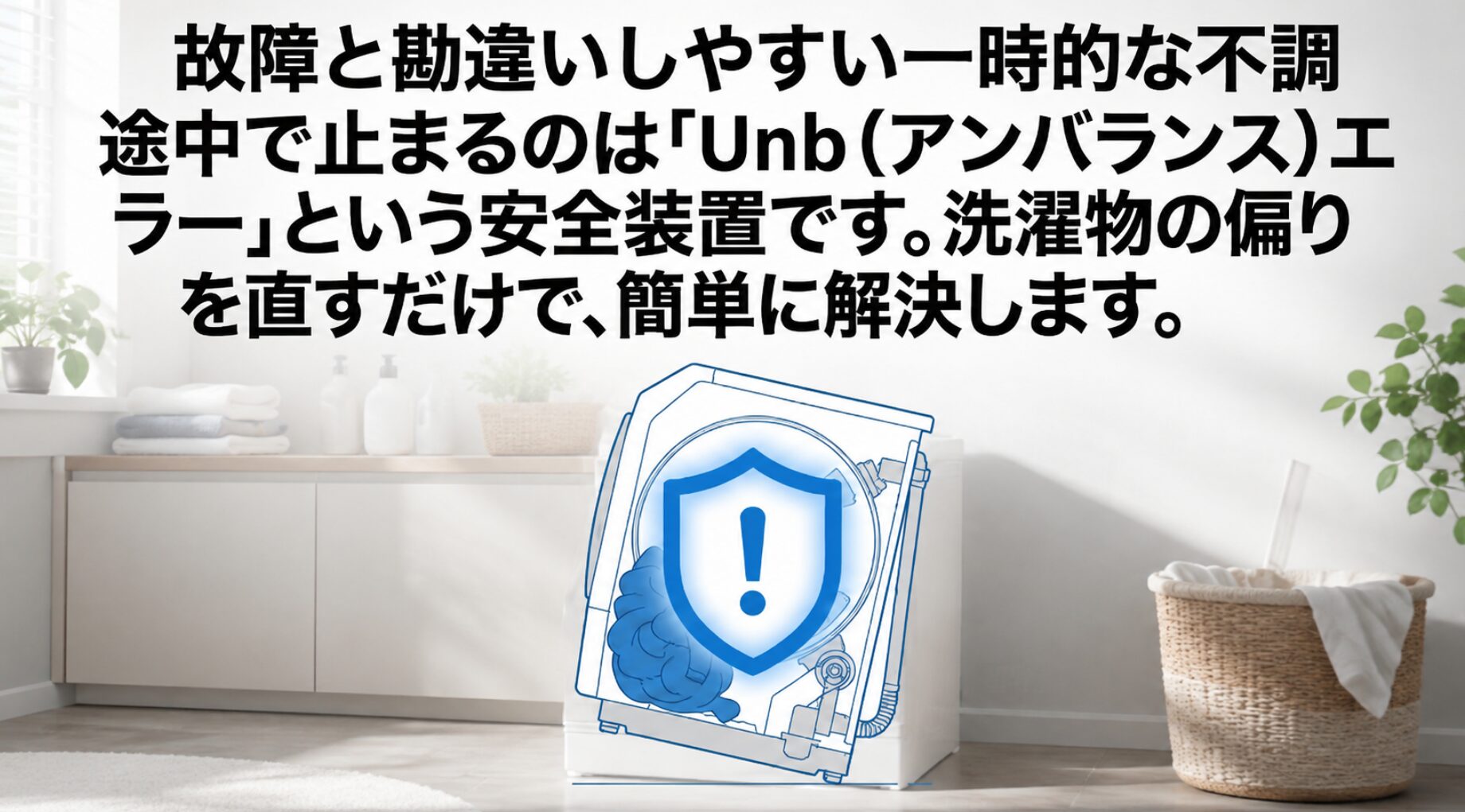 洗濯機の中に衣類が偏っているイラストに青い盾とビックリマークが重なっており、Unbエラーが安全装置であることを解説するスライド画像