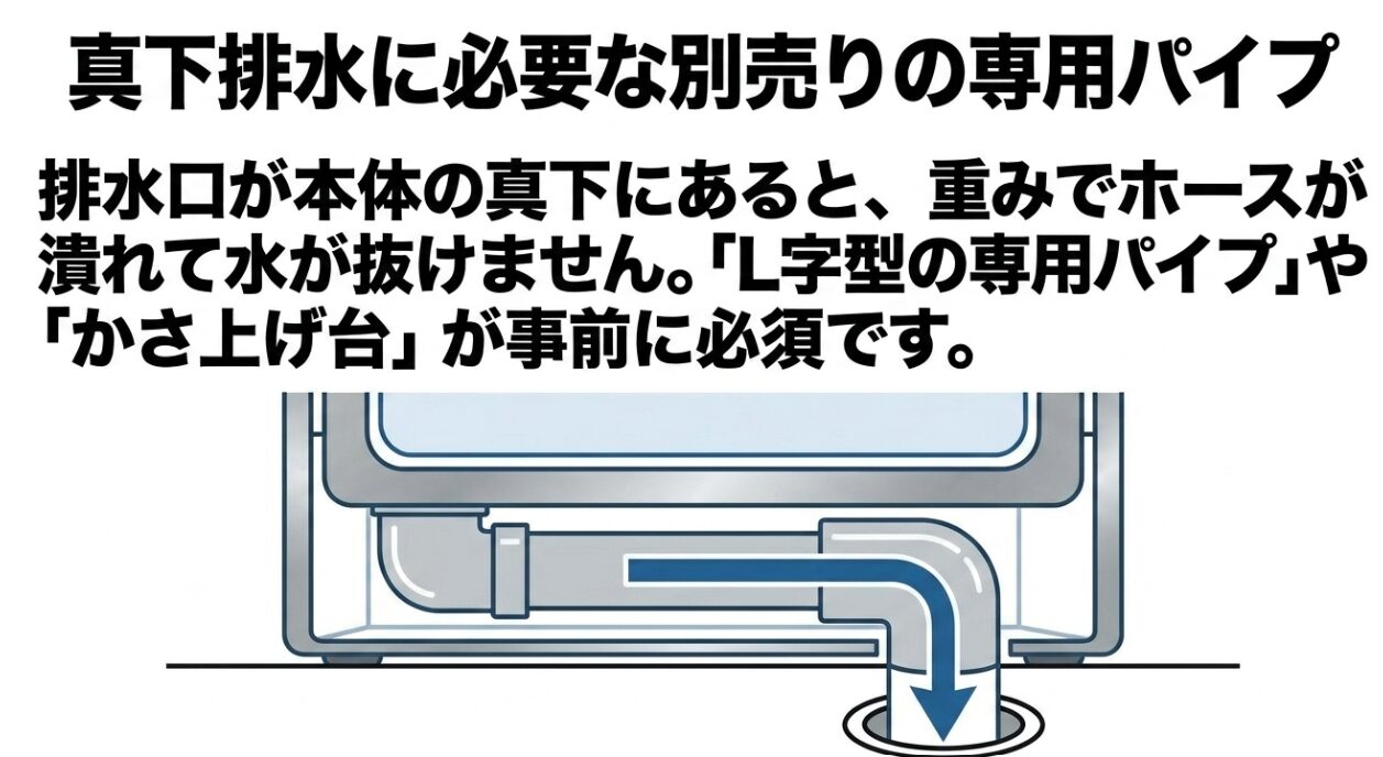 洗濯機の下を通る排水ホースがL字型に曲がって排水口に入っていくイラストであり、真下排水には追加部材が必要なことを説明するスライド画像