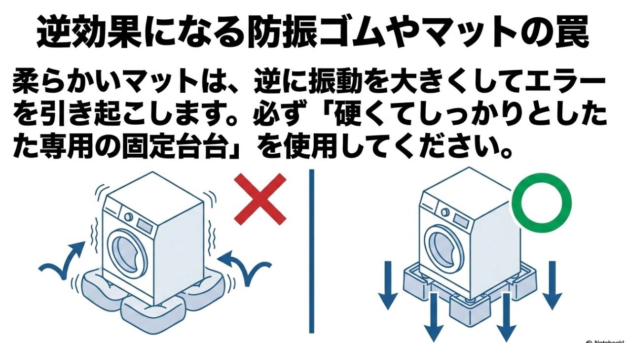 柔らかいマットの上で洗濯機が揺れてバツ印がついているイラストと、硬い専用の固定台の上で安定して二重丸がついているイラストの比較スライド画像