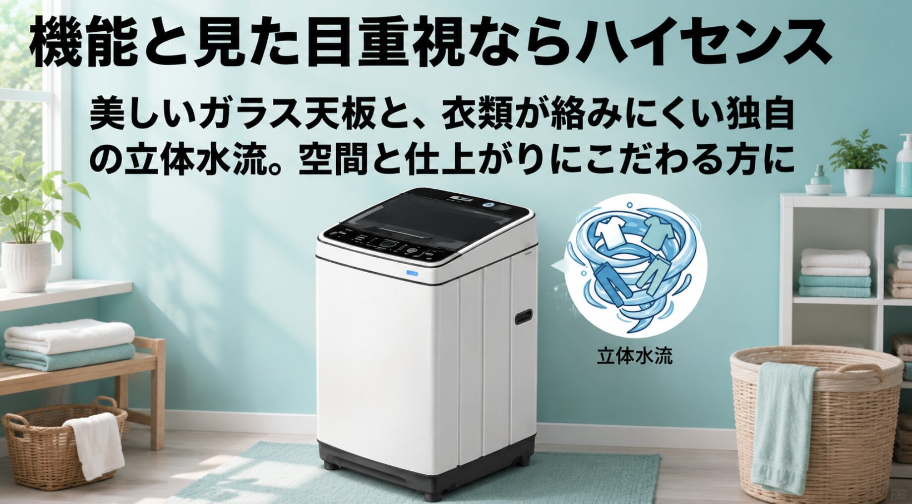 ハイセンスの洗濯機は美しいガラス天板や衣類が絡みにくい独自の立体水流を持ち、デザインと仕上がりにこだわる方に適していると説明するスライド画像です。