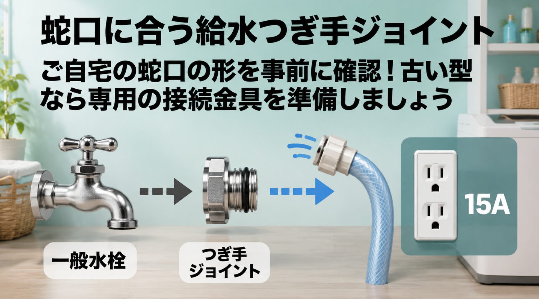 購入前に自宅の蛇口の形を確認し、一般水栓などの古い型であれば専用の接続金具を準備するよう案内するスライド画像です。
