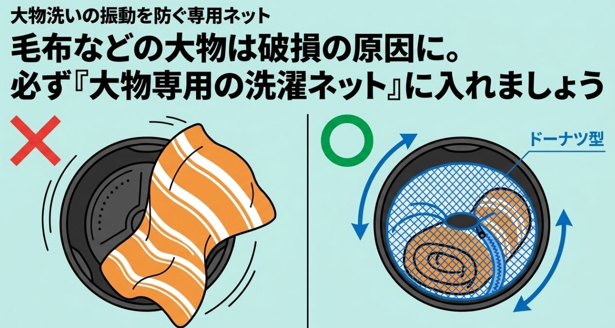 毛布などの大きな洗濯物は本体の破損やエラーに繋がるため、必ず大物専用の洗濯ネットに入れることを説明するスライド画像です。
