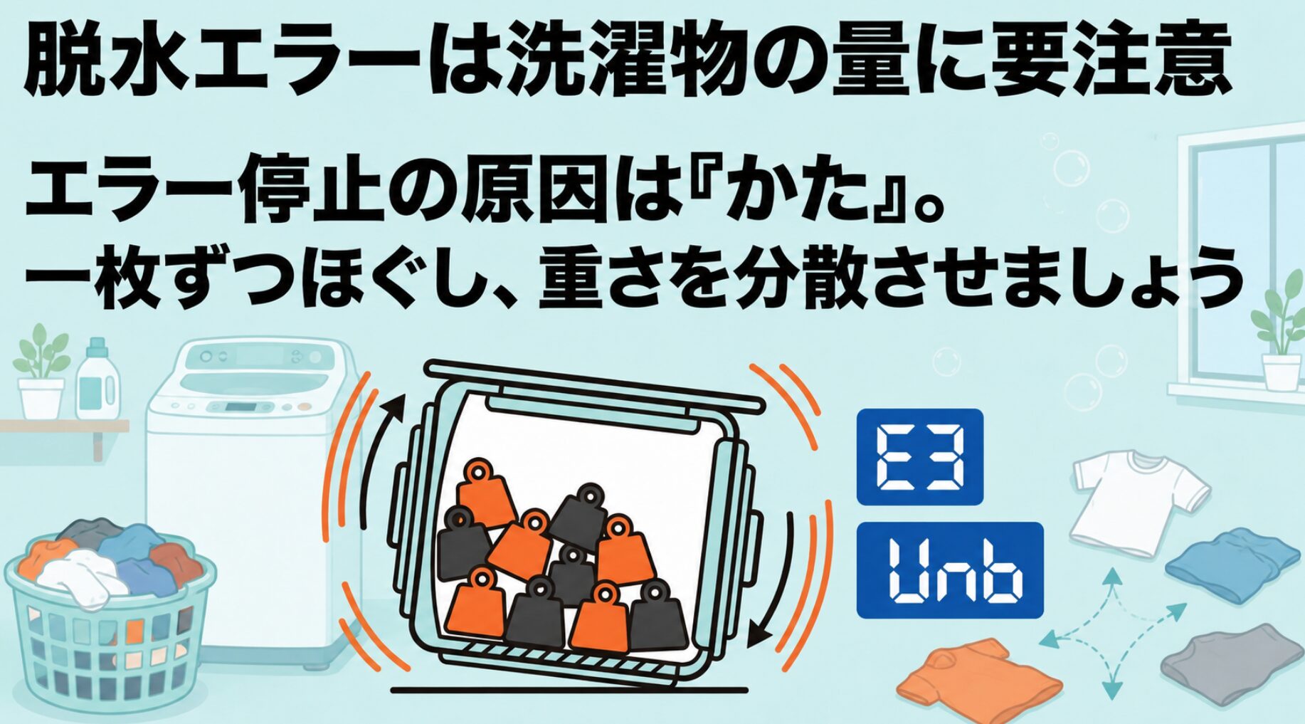 洗濯機の脱水エラーを防ぐために、衣類を一枚ずつほぐして重さを分散させる対策を促すスライド画像です。