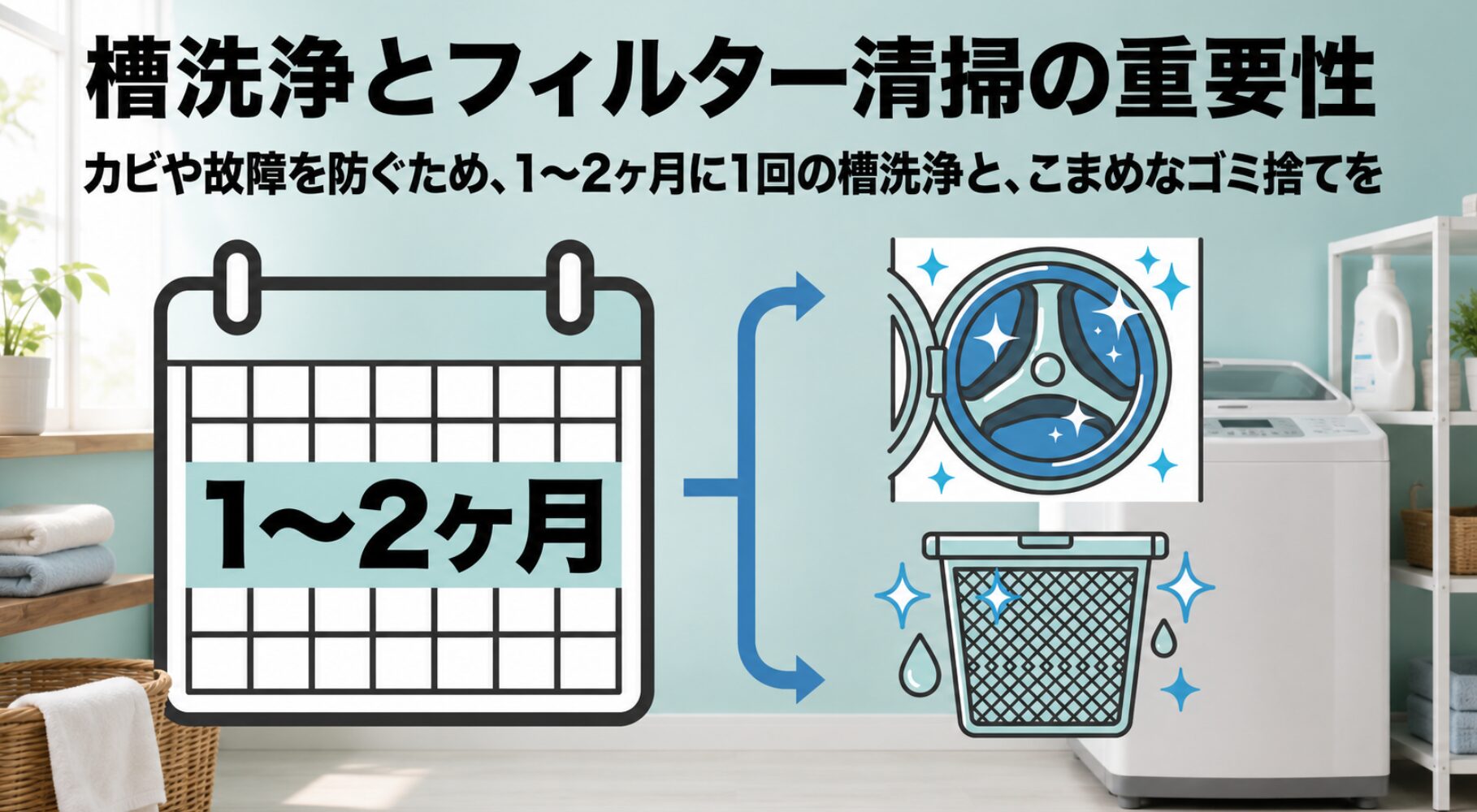 黒カビや本体の故障を防ぐために、1から2ヶ月に1回の槽洗浄とこまめなゴミ捨てが必要であることを説明するスライド画像です。