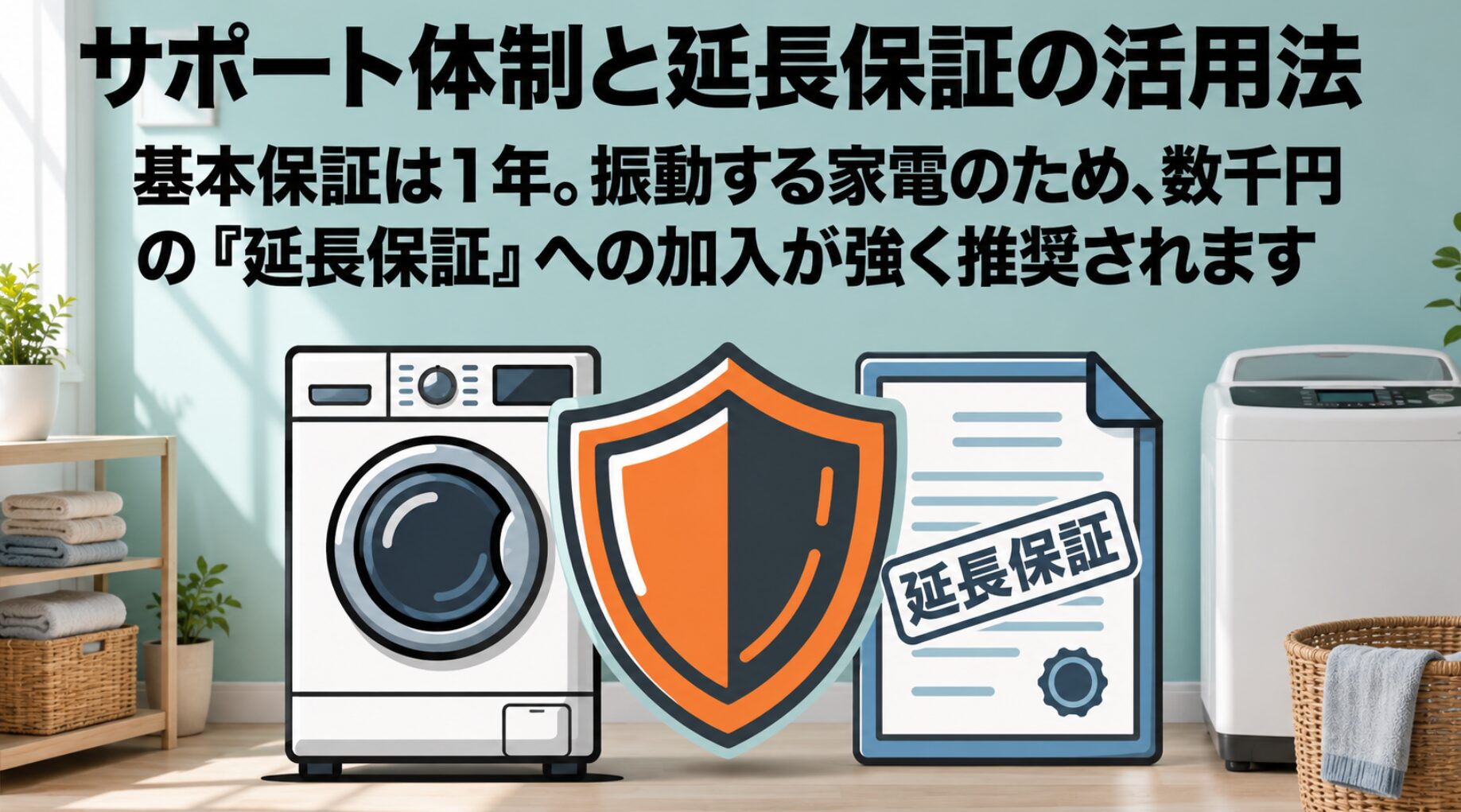 洗濯機の基本保証期間は1年であるため、故障リスクに備えて数千円で加入できる延長保証を推奨するスライド画像です。