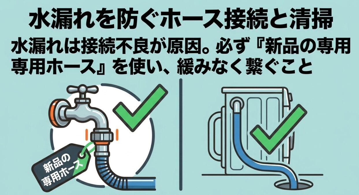 水漏れトラブルを防ぐため、古いホースを流用せず必ず新品の専用ホースを緩みなく繋ぐ重要性を伝えるスライド画像です。